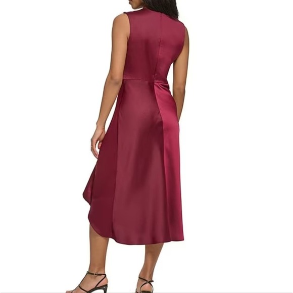 DKNY‎ Satin Asymmetrical Hem Neck Sleeveless Faux Wrap Cascading Ruffle Dress 16 - Picture 4 of 8